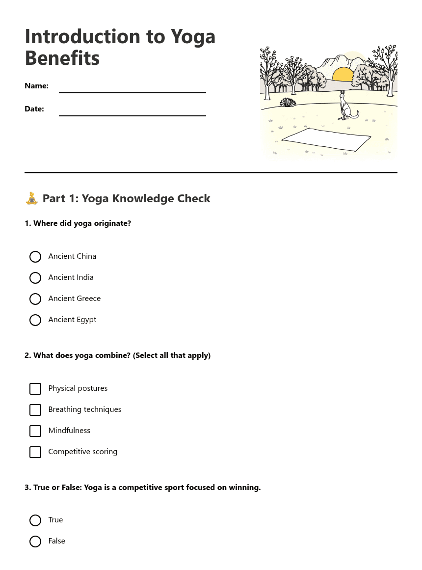 Introduction to Yoga Benefits worksheet preview