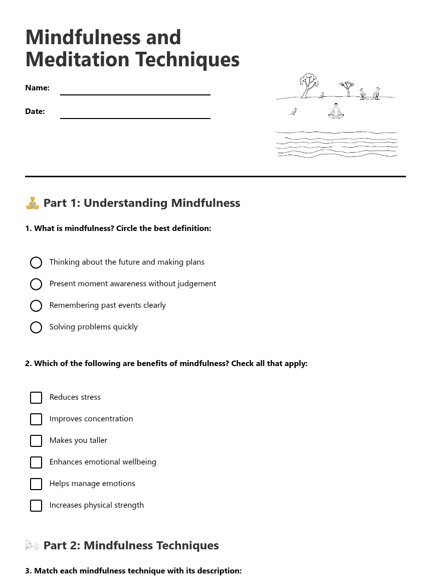 Mindfulness and Meditation Techniques worksheet preview