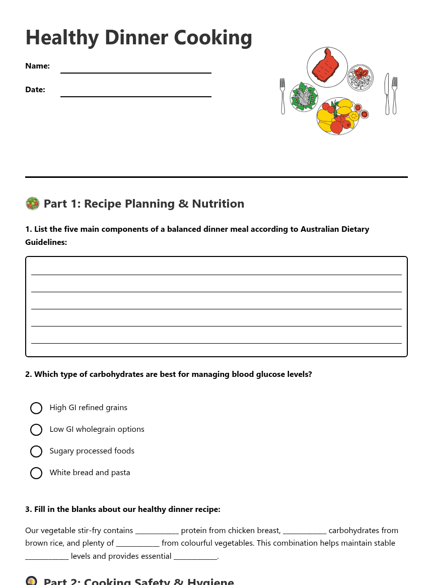 Healthy Dinner Cooking worksheet preview