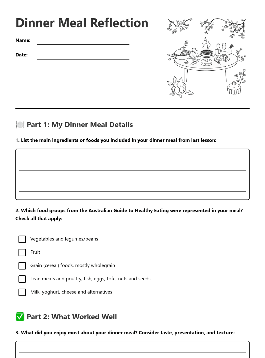 Dinner Meal Reflection worksheet preview