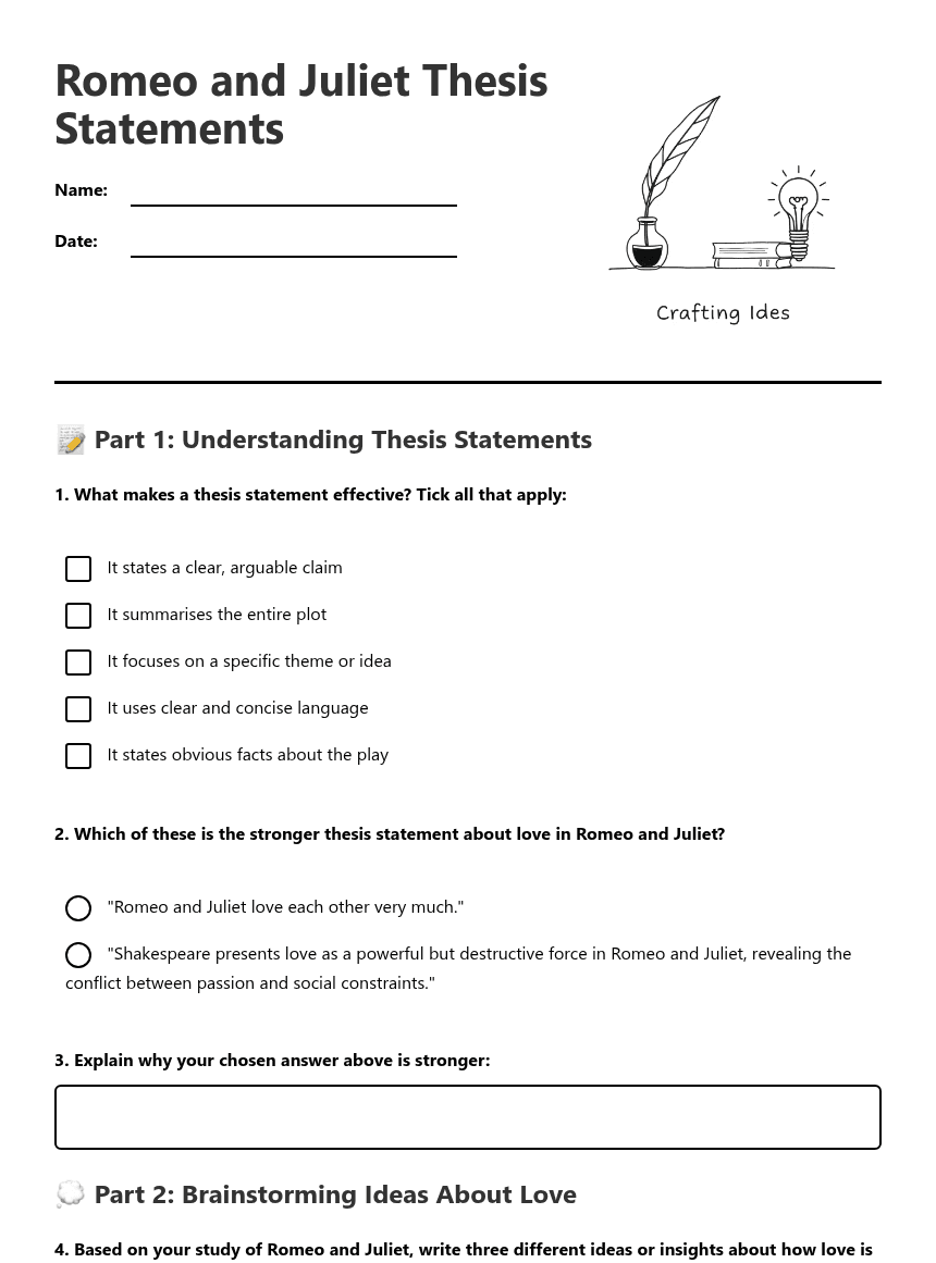 Romeo Juliet Thesis Statements worksheet preview