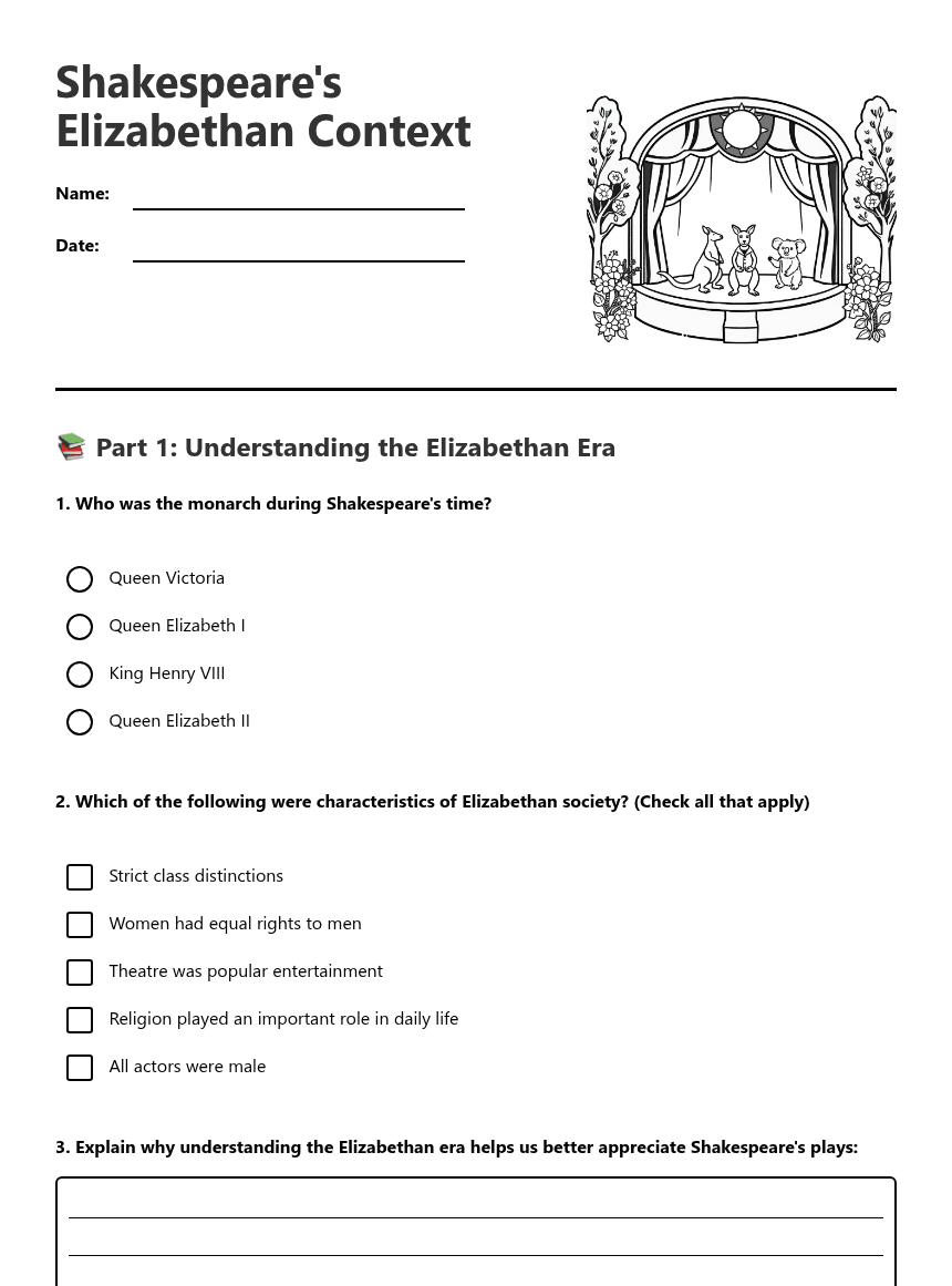 Shakespeare's Elizabethan Context worksheet preview