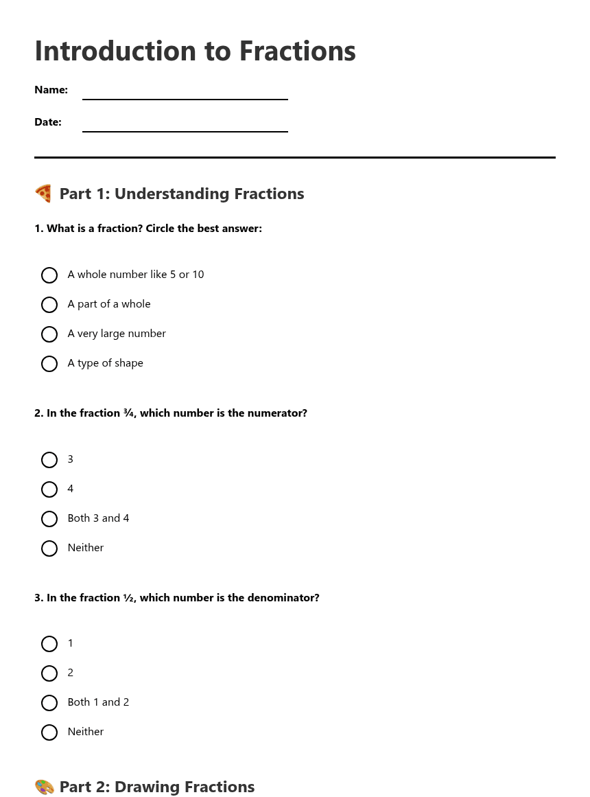 Introduction to Fractions worksheet preview