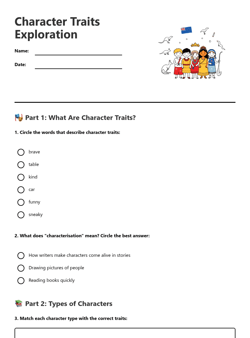 Character Traits Exploration worksheet preview