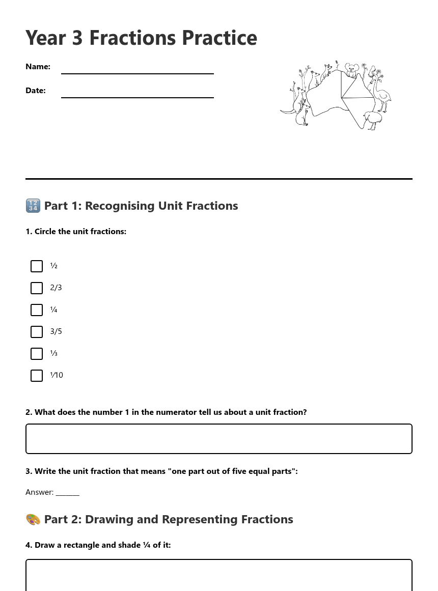 Year 3 Fractions Practice worksheet preview