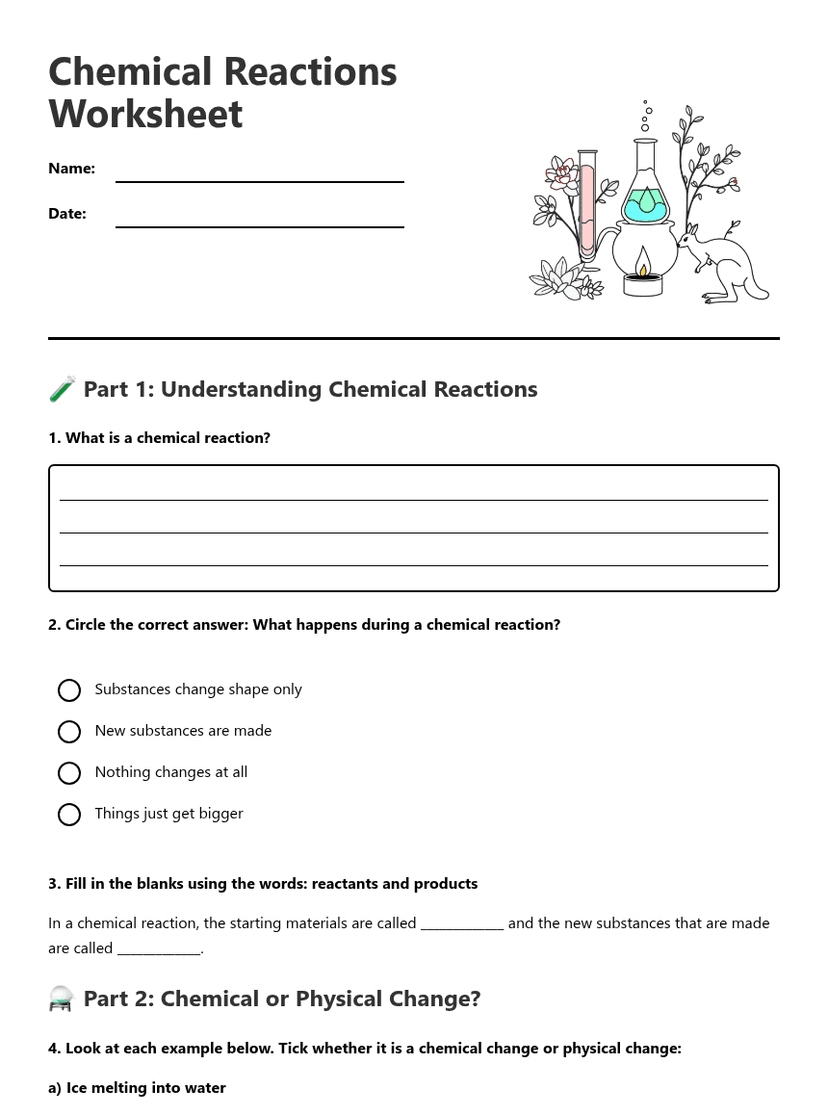 Chemical Reactions Worksheet