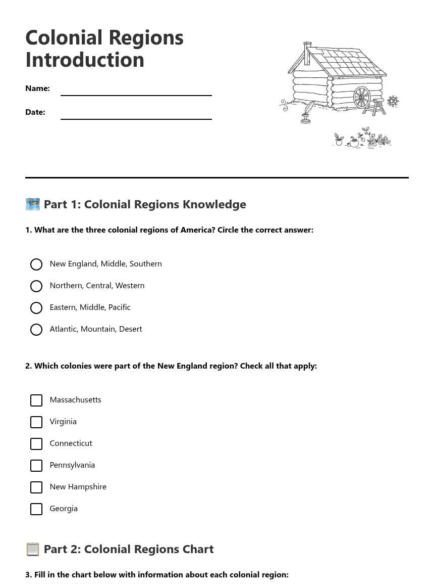 Colonial Regions Introduction worksheet preview