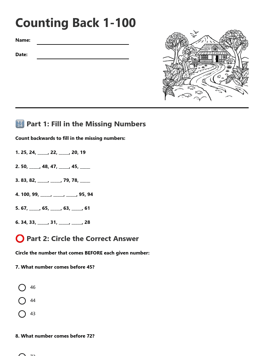 Counting Back 1-100 worksheet preview