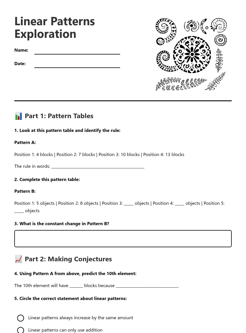 Linear Patterns Exploration worksheet preview
