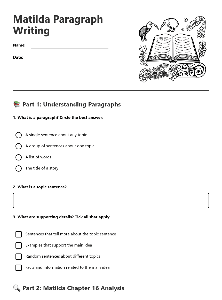 Matilda Paragraph Writing worksheet preview