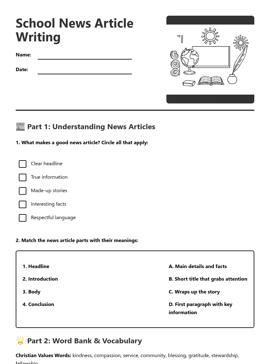 School News Article Writing worksheet preview