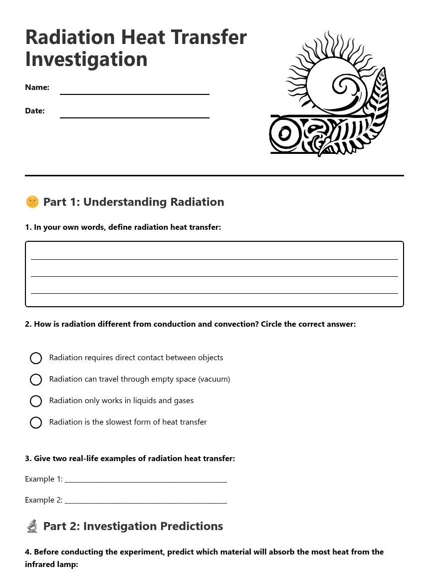 Radiation Heat Transfer Investigation worksheet preview