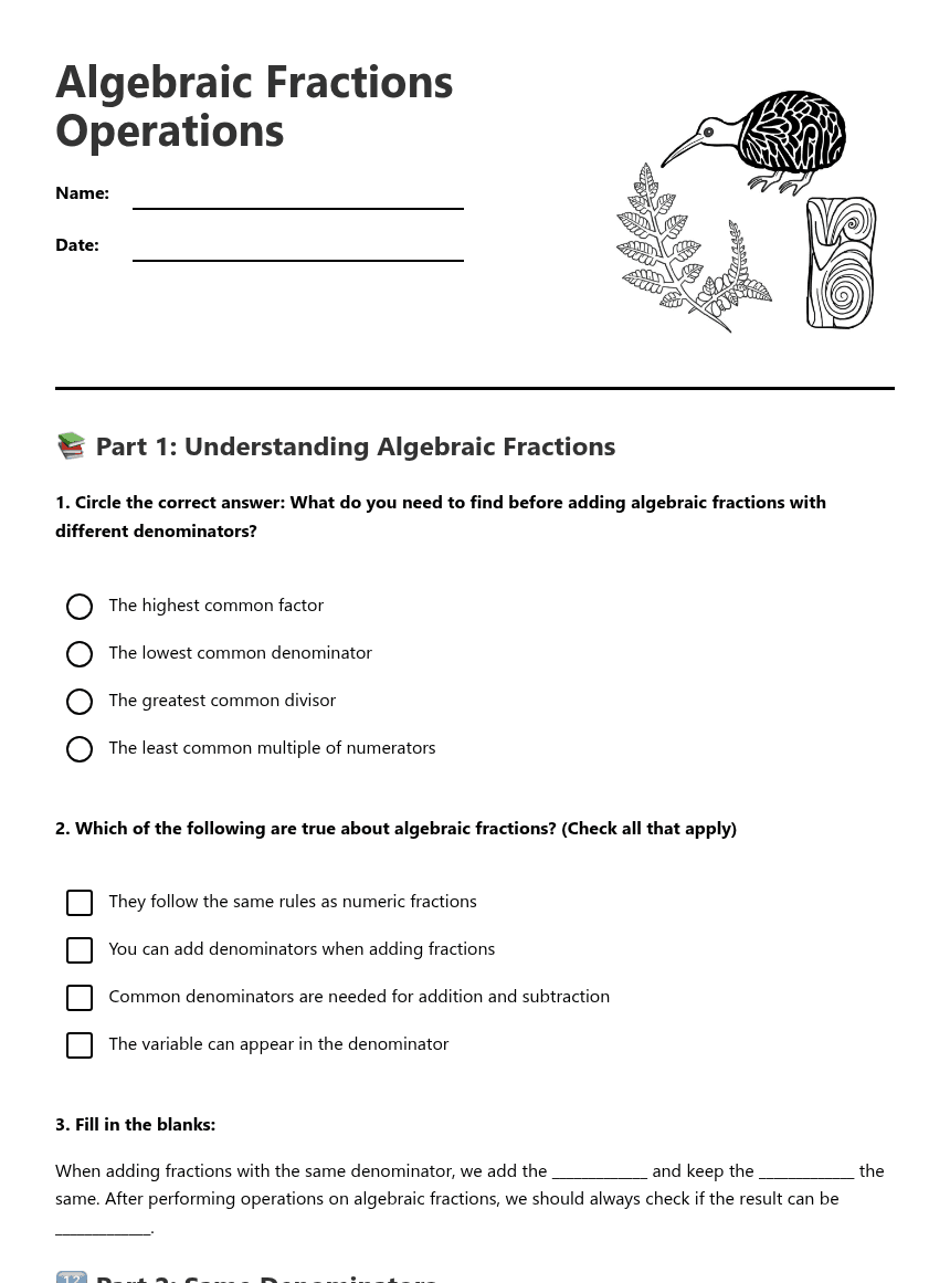 Algebraic Fractions Operations worksheet preview