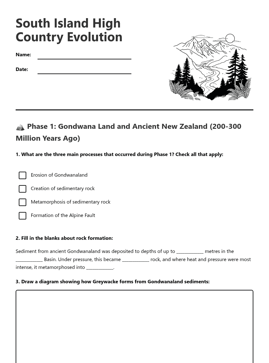 South Island High Country Evolution worksheet preview
