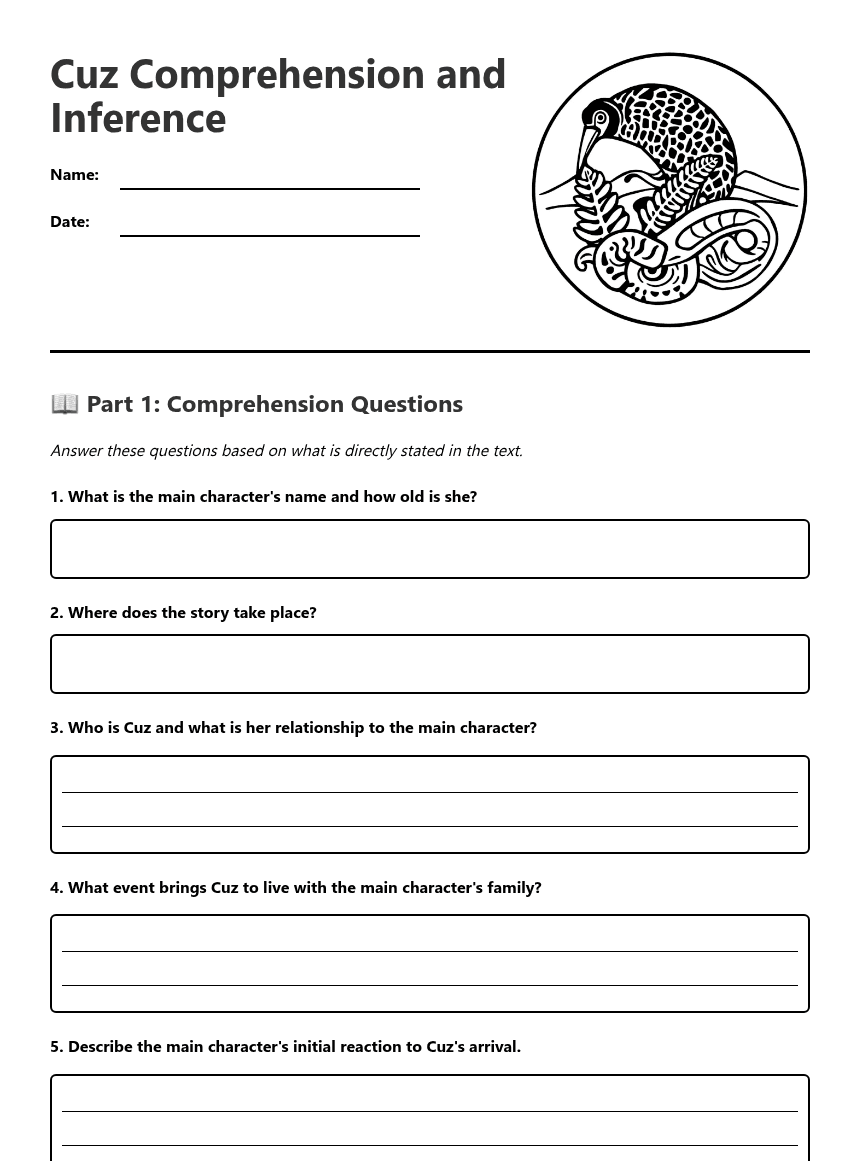 Cuz Comprehension and Inference worksheet preview