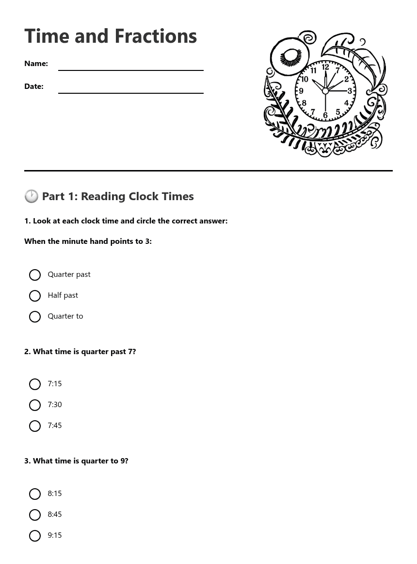 Time and Fractions worksheet preview
