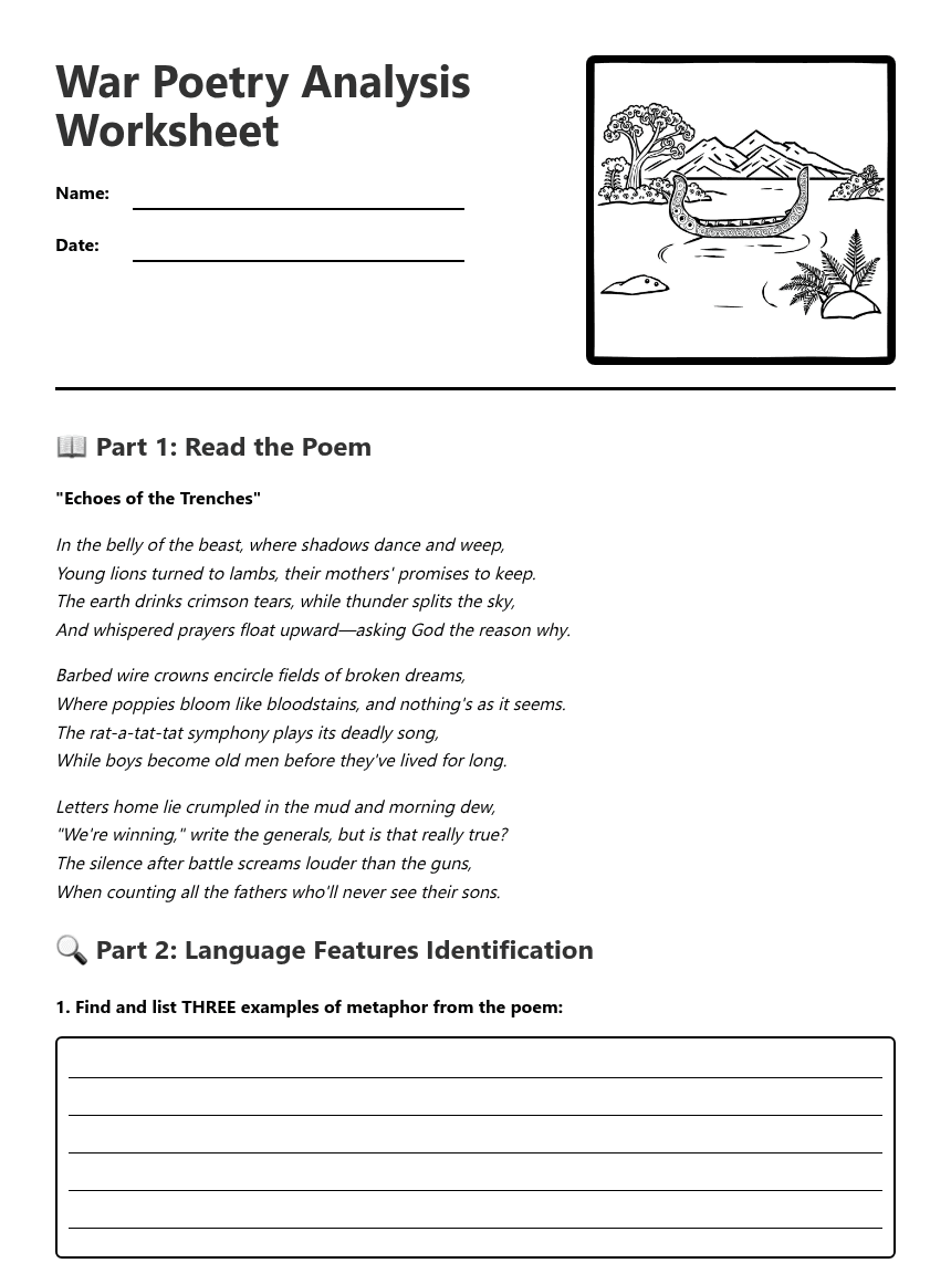 War Poetry Analysis Worksheet worksheet preview