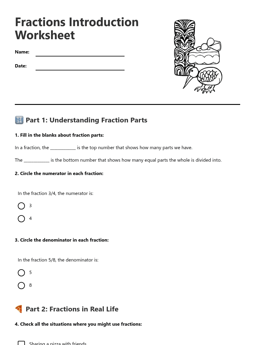 Fractions Introduction Worksheet worksheet preview