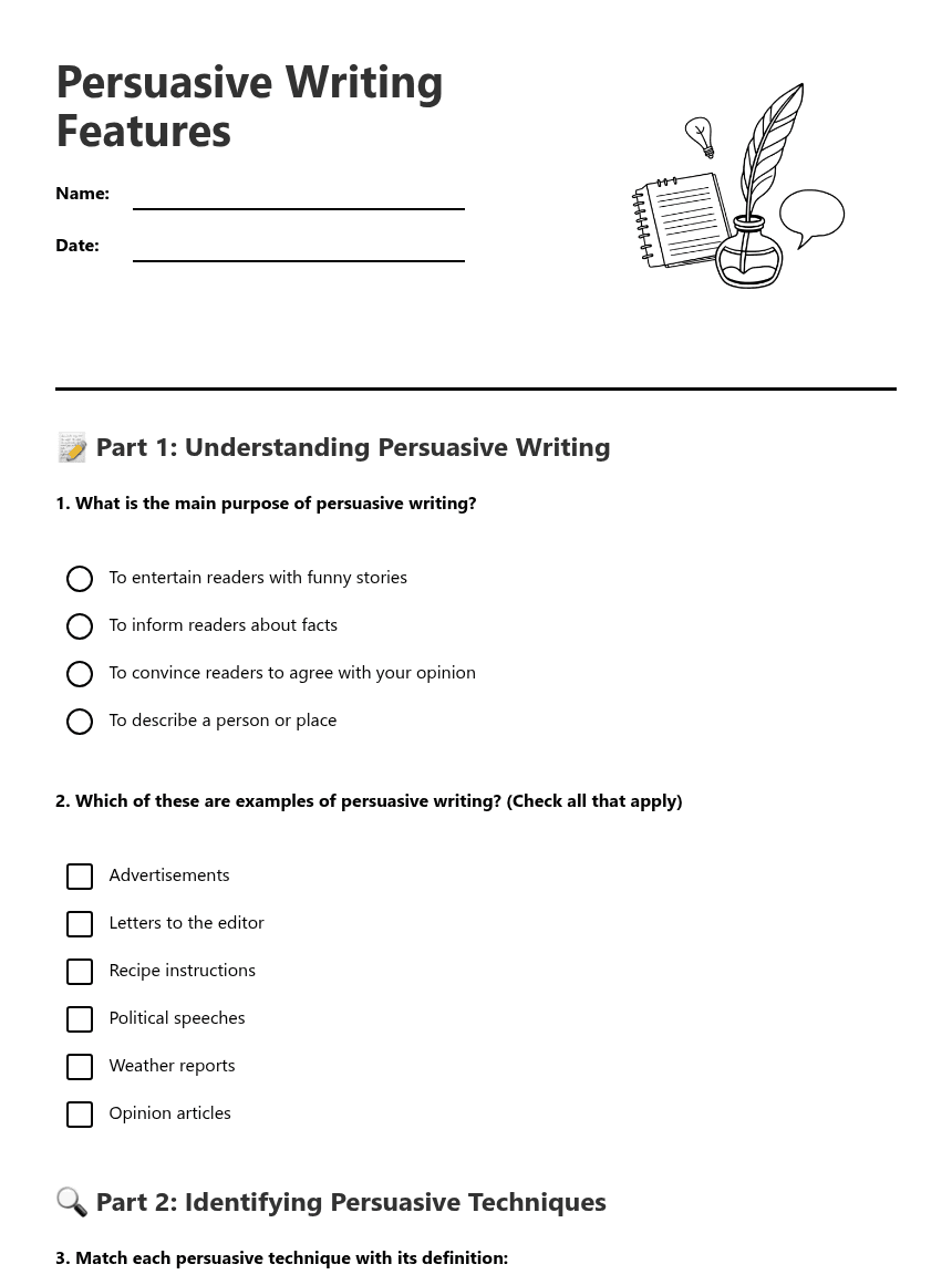 Persuasive Writing Features worksheet preview