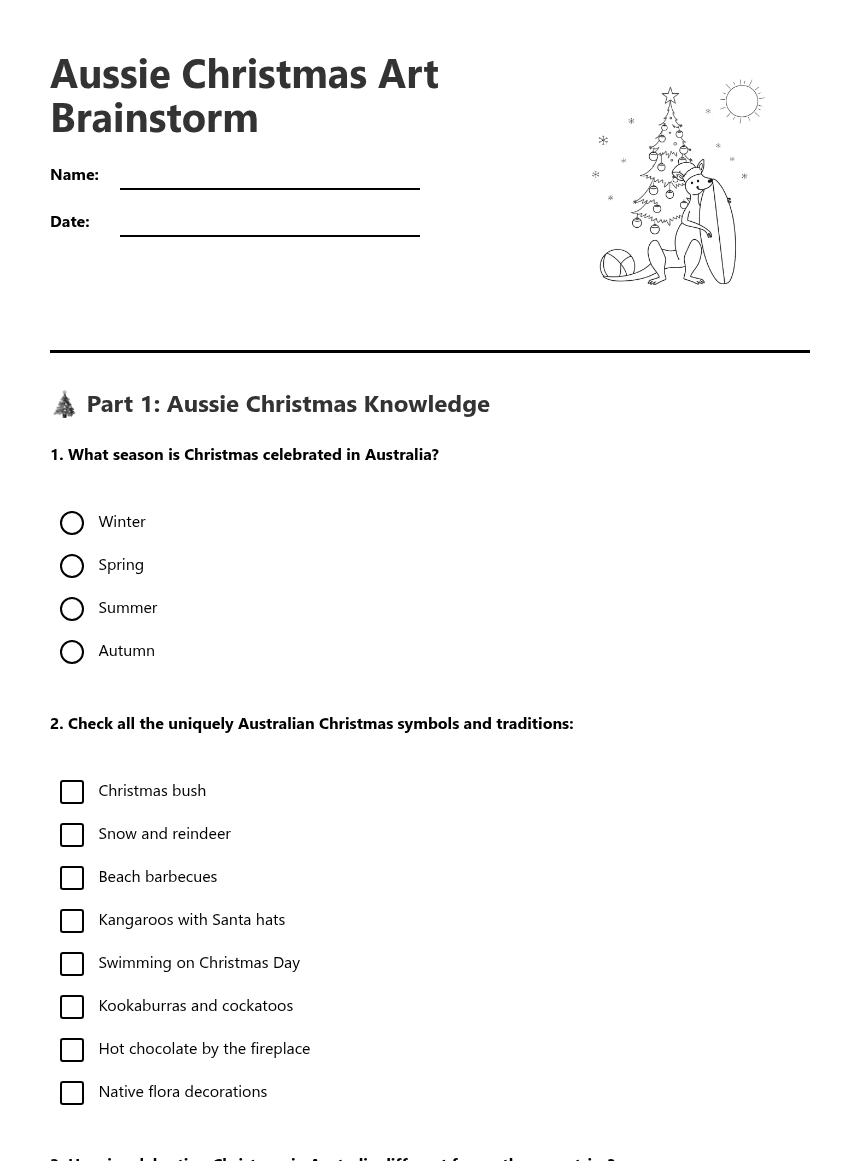 Aussie Christmas Art Brainstorm worksheet preview