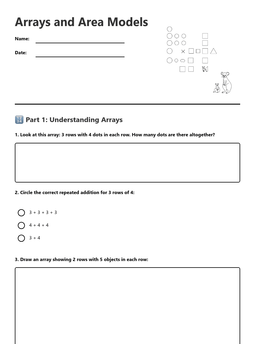 Arrays and Area Models worksheet preview