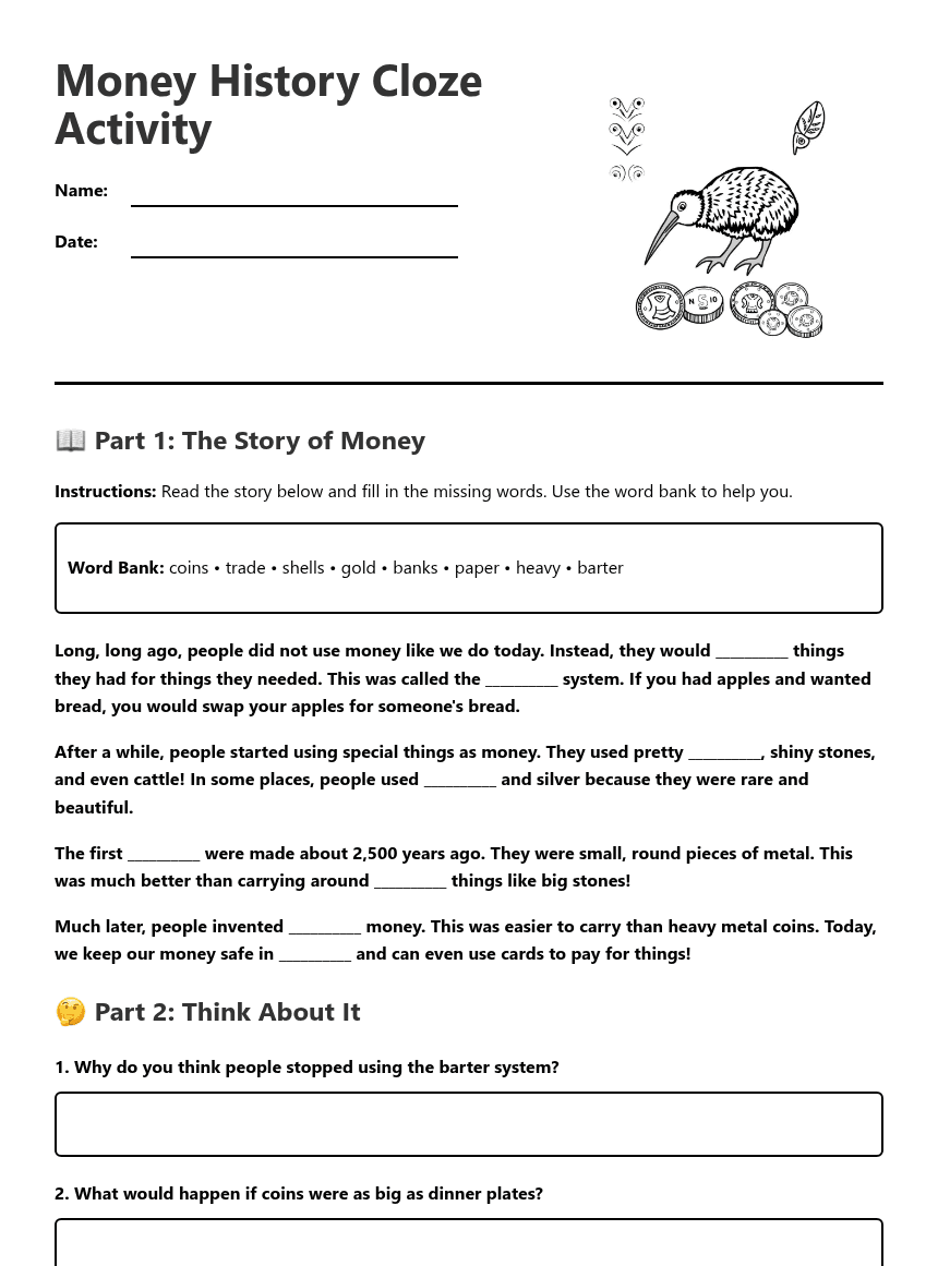 Money History Cloze Activity worksheet preview