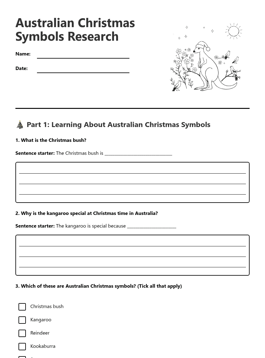 Australian Christmas Symbols Research worksheet preview