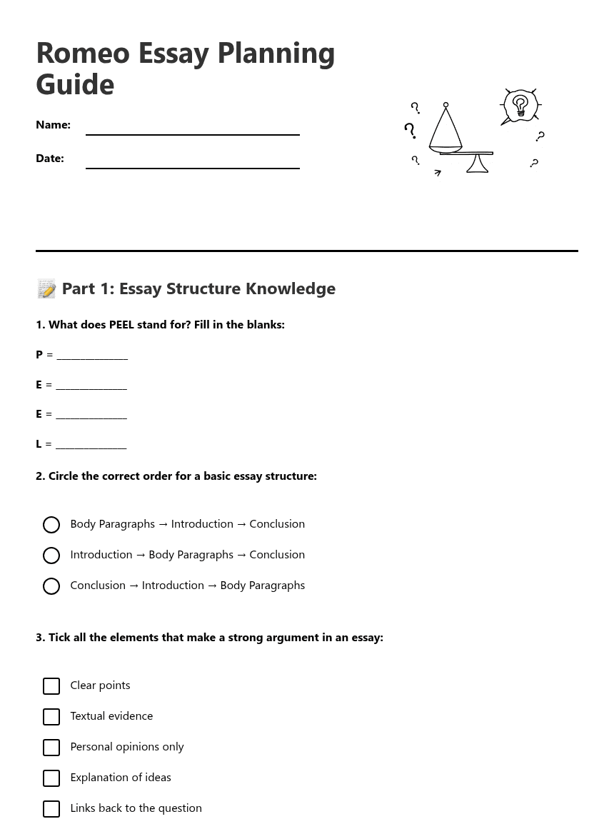 Romeo Essay Planning Guide worksheet preview