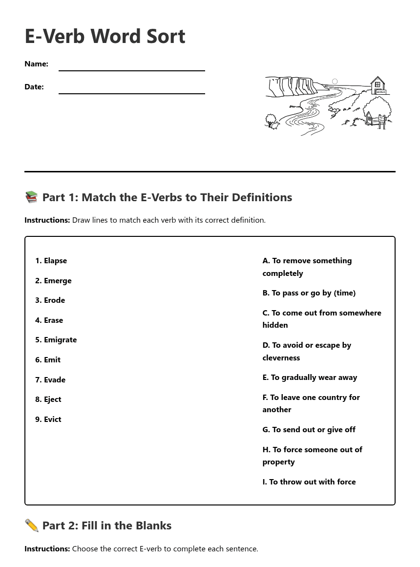 E-Verb Word Sort worksheet preview