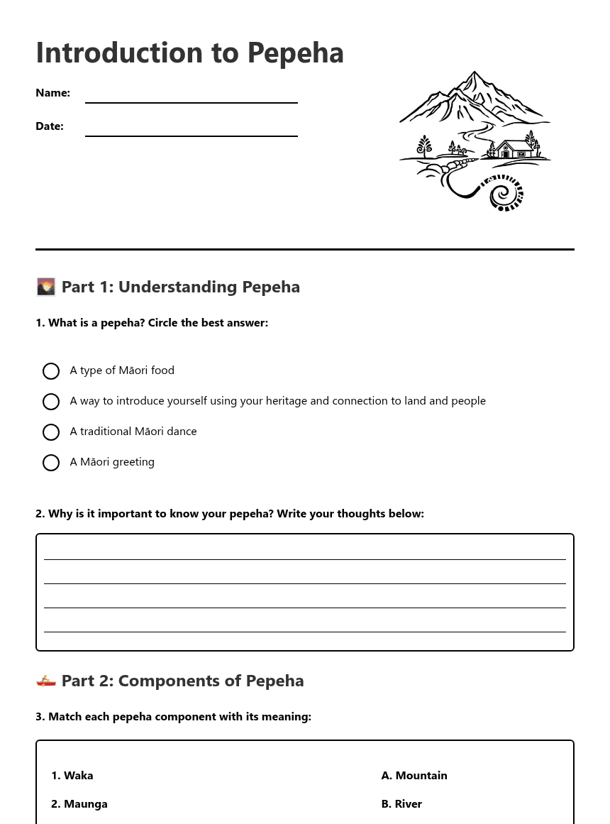 Introduction to Pepeha worksheet preview