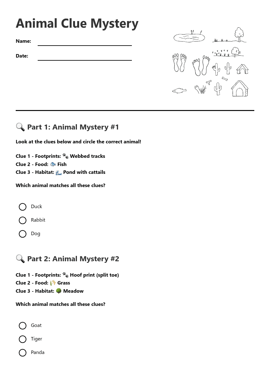 Animal Clue Mystery worksheet preview