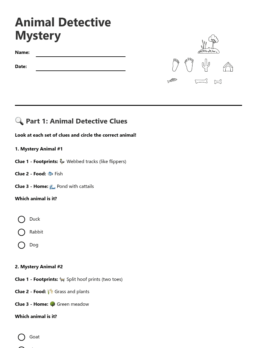 Animal Detective Mystery worksheet preview
