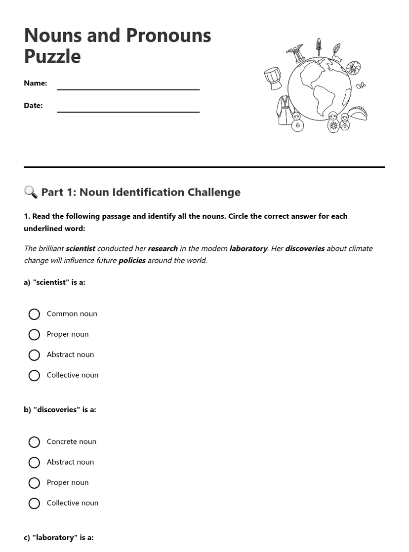 Nouns and Pronouns Puzzle