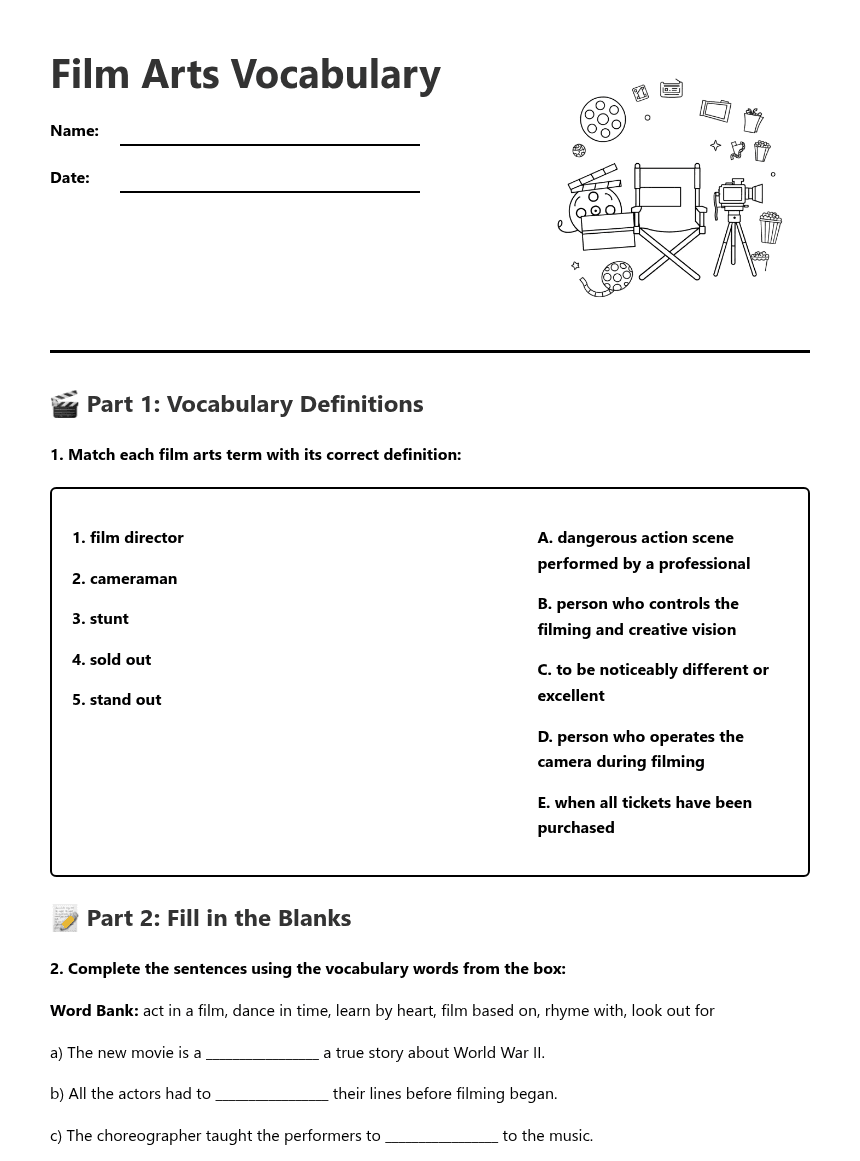 Film Arts Vocabulary worksheet preview