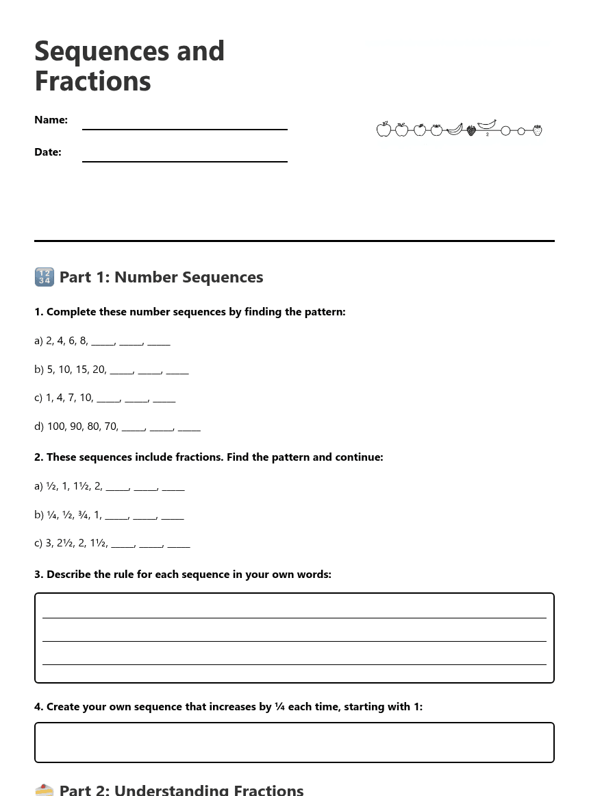 Sequences and Fractions worksheet preview