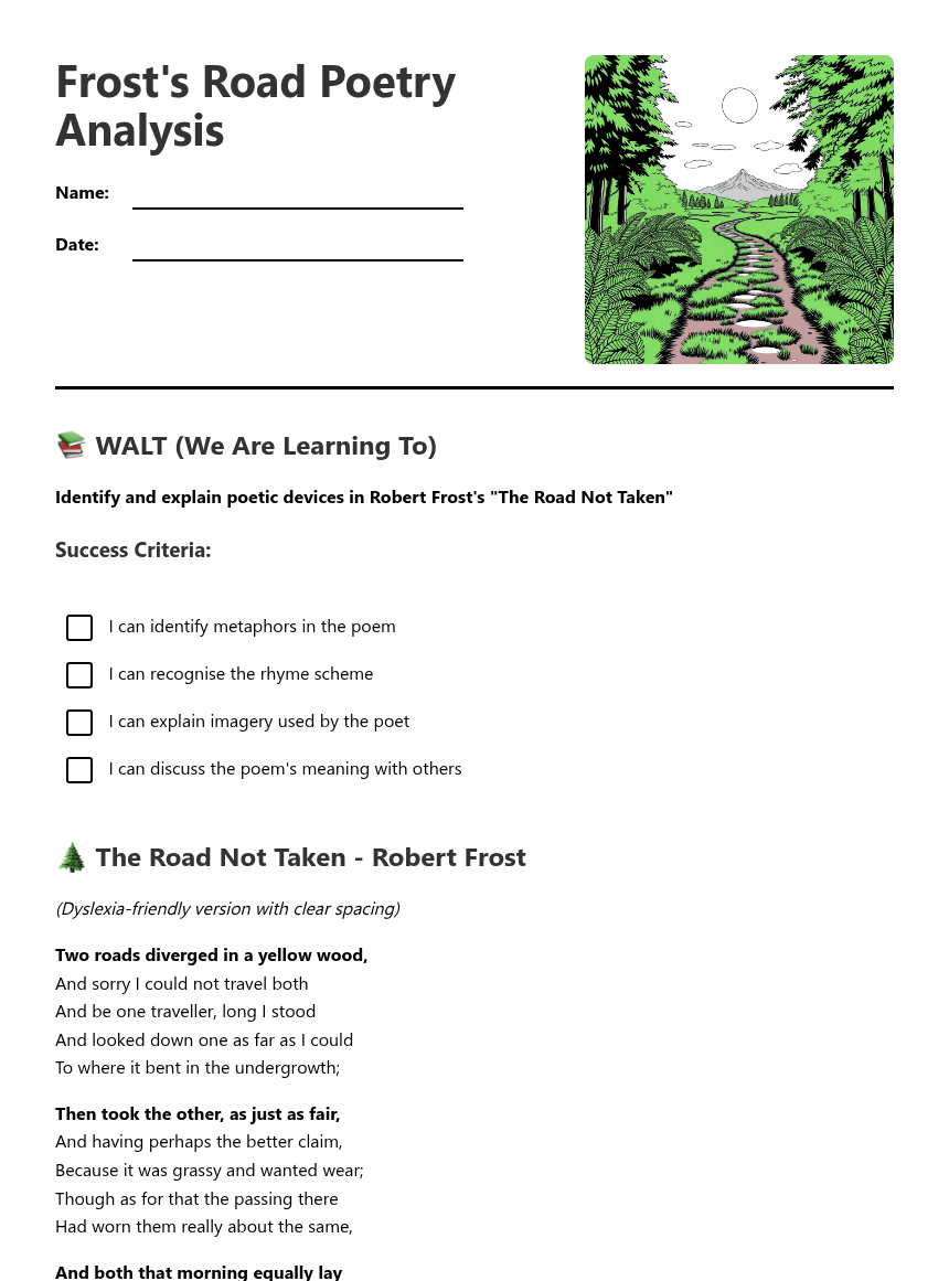 Frost's Road Poetry Analysis worksheet preview
