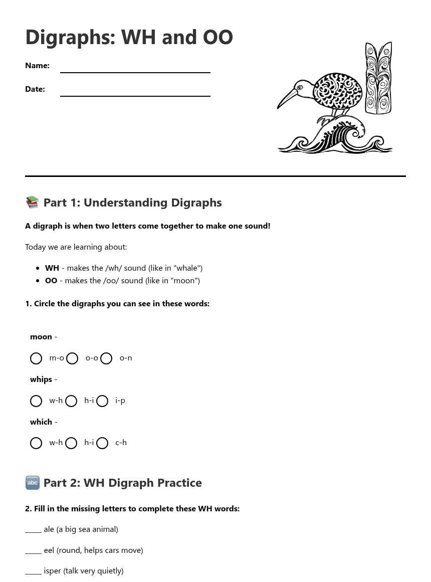 Digraphs: WH and OO worksheet preview