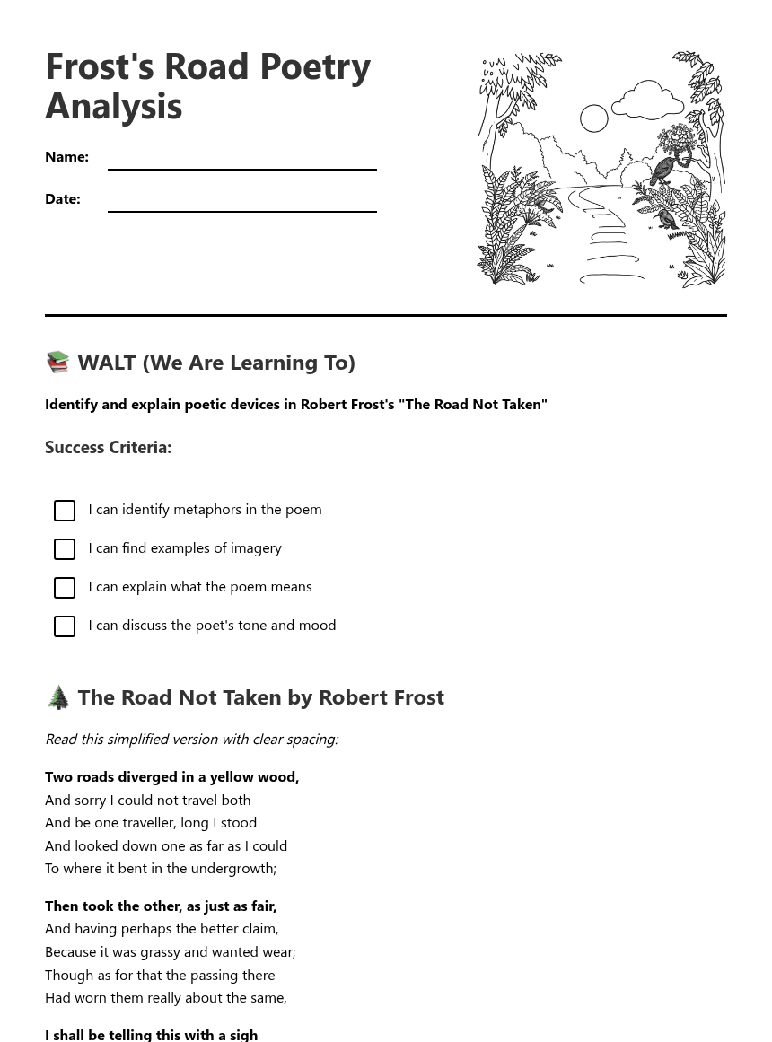 Frost's Road Poetry Analysis worksheet preview