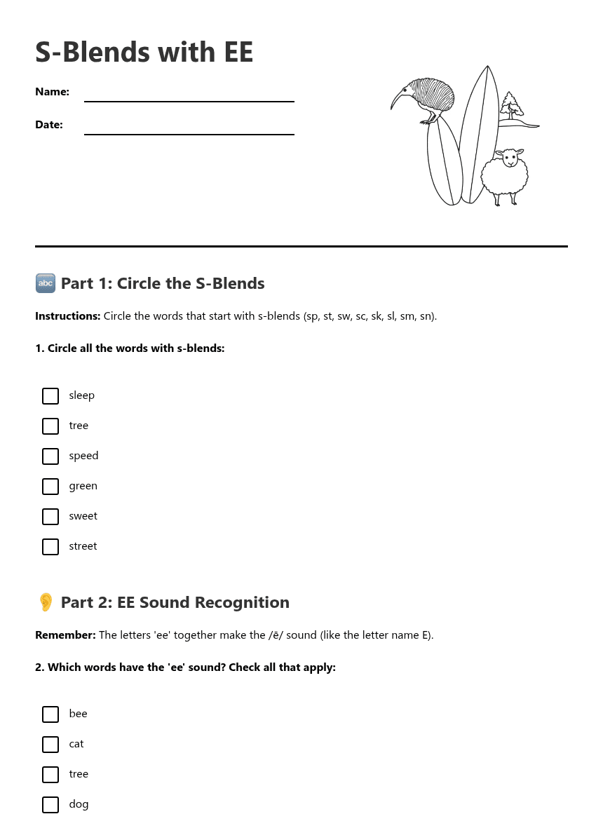 S-Blends with EE worksheet preview