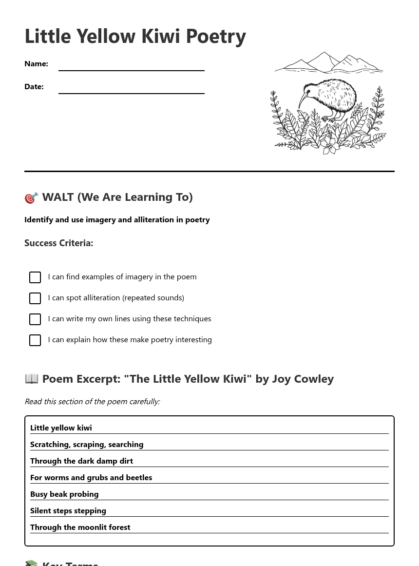Little Yellow Kiwi Poetry worksheet preview