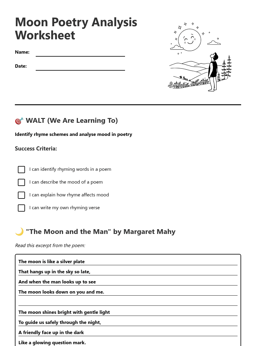 Moon Poetry Analysis Worksheet worksheet preview