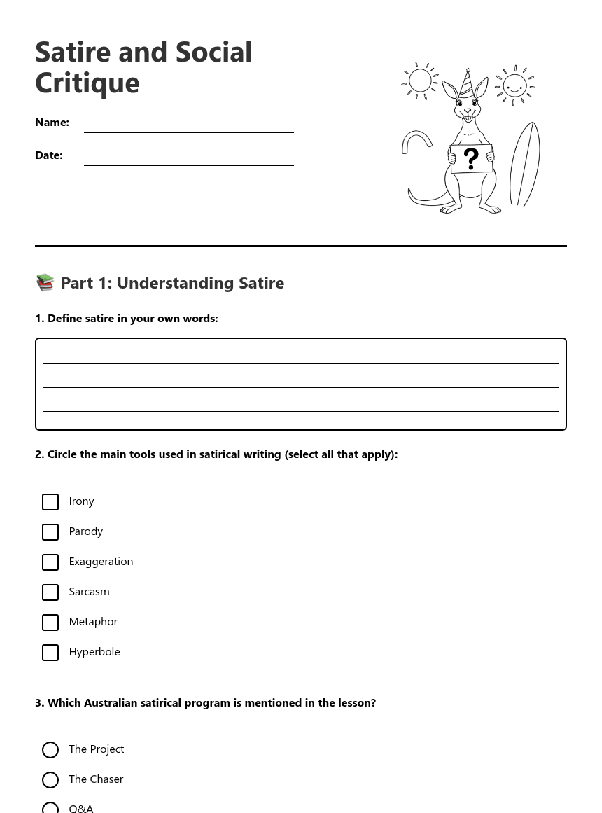 Satire and Social Critique worksheet preview