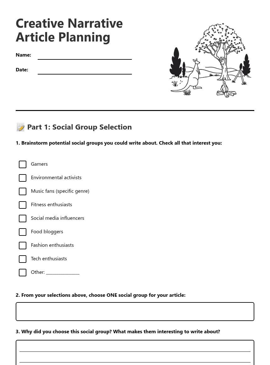 Creative Narrative Article Planning worksheet preview