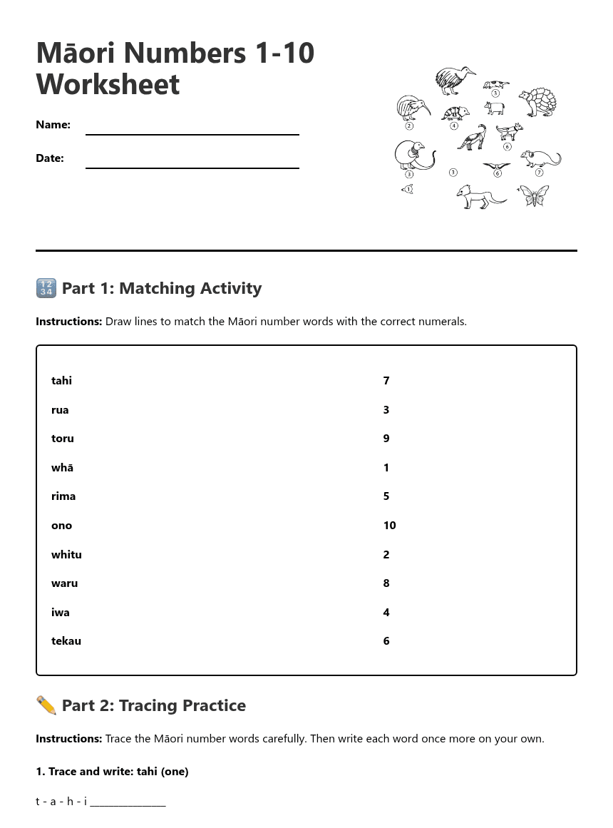 Māori Numbers 1-10 Worksheet worksheet preview
