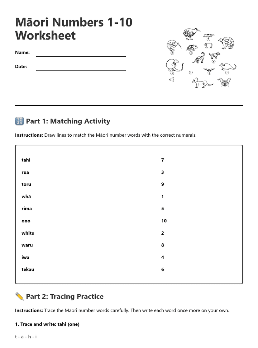 Māori Numbers 1-10 Worksheet