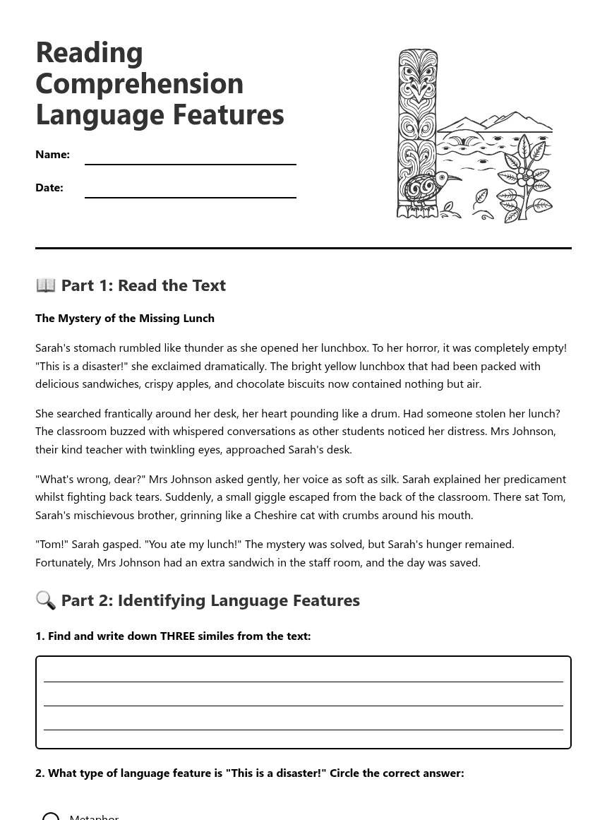 Reading Comprehension Language Features worksheet preview