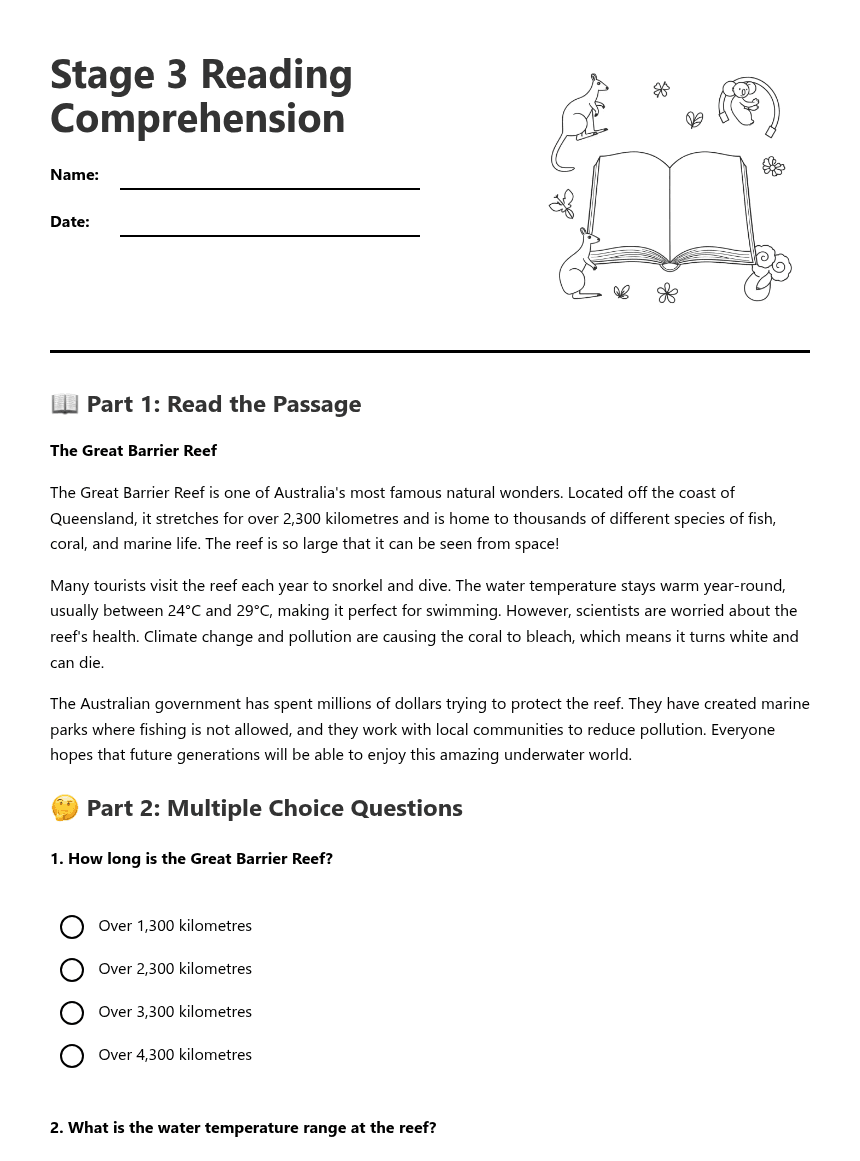 Stage 3 Reading Comprehension worksheet preview