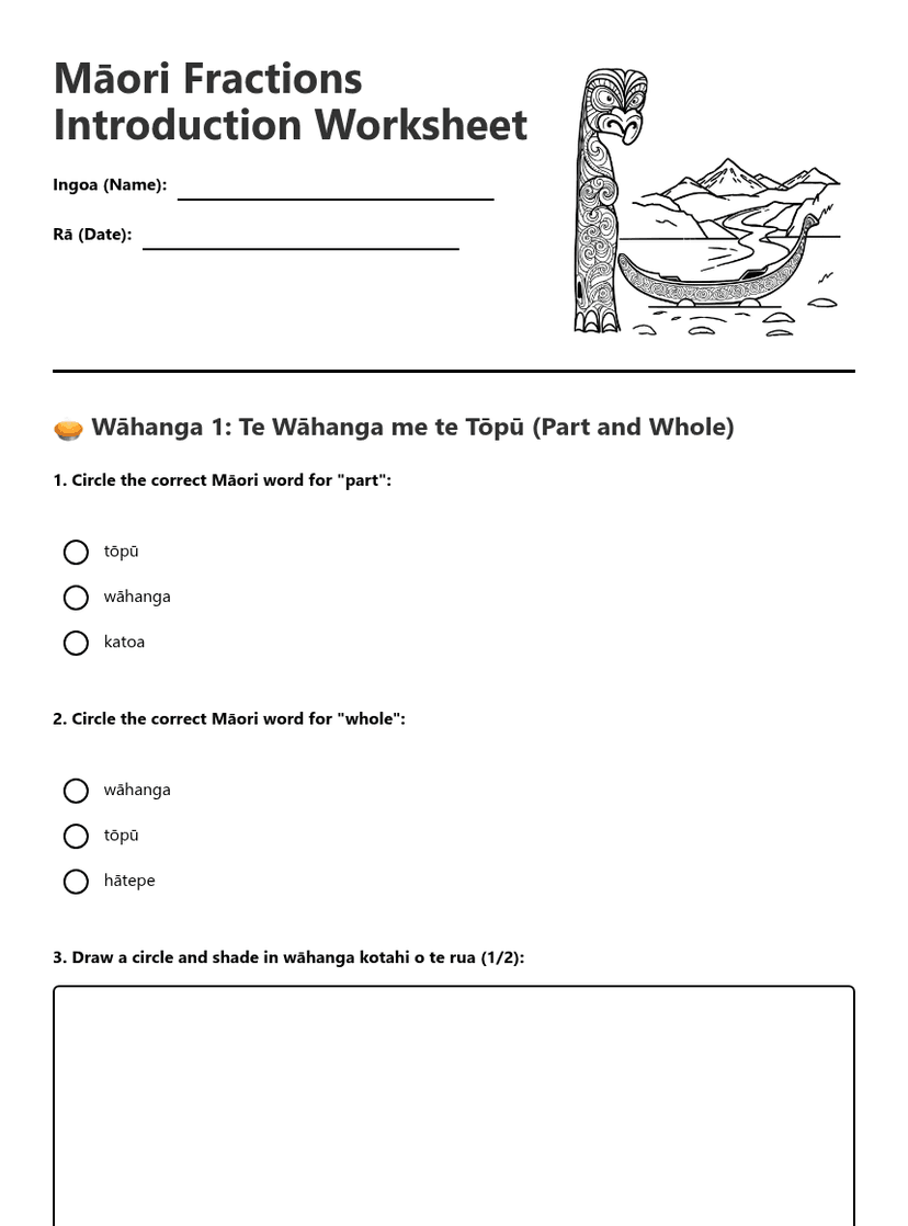 Māori Fractions Introduction Worksheet