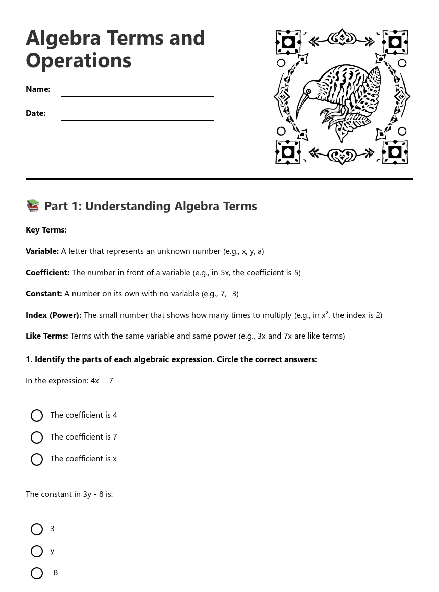 Algebra Terms and Operations worksheet preview