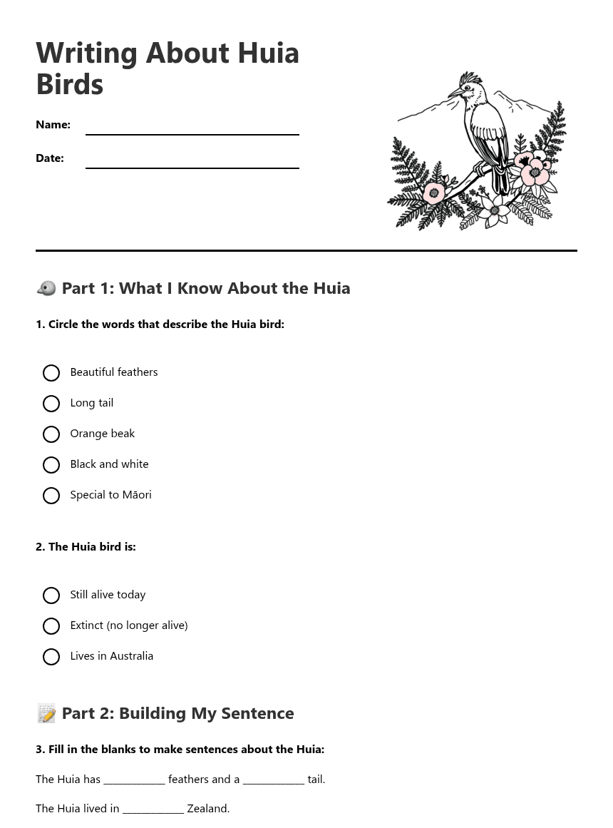 Writing About Huia Birds worksheet preview